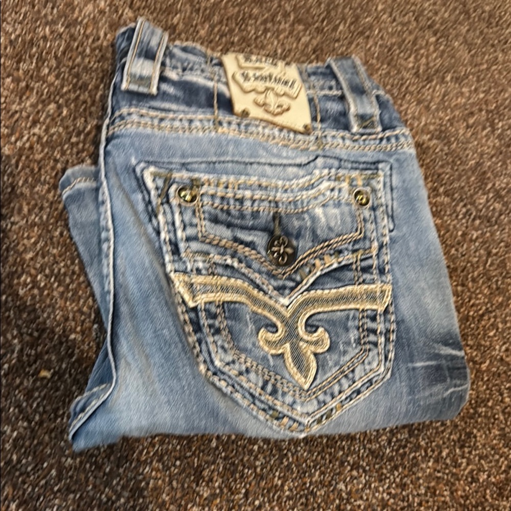 Rock Revival Blue Bootcut Jeans with Intricate Embroidery